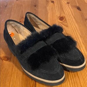 Franco Sarto Black Suede Loafers with Cozy Fur Trim